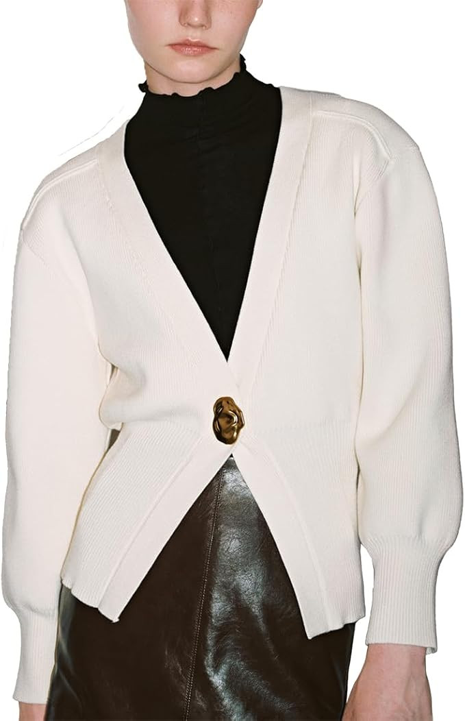 Women Knitted Cardigans Long Sleeve V-Neck Lightweight Sweater One Leaf Button Down Outwear | Amazon (US)