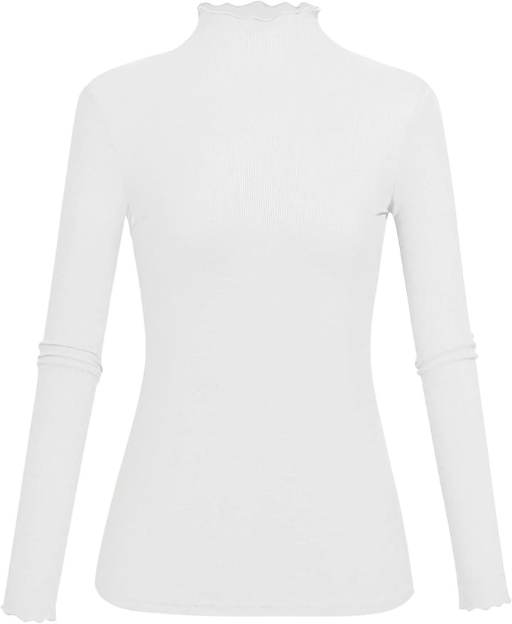 Kindcall Lightweight Ruffle Mock Neck Tops Ribbed Lettuce Trim Soft Base Layer for Women | Amazon (US)