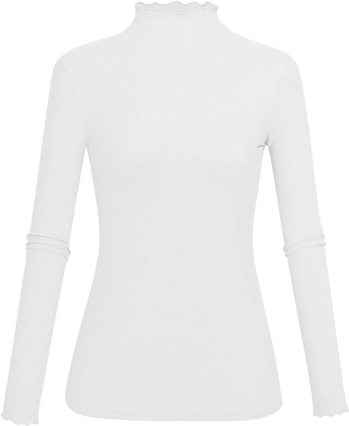 Kindcall Lightweight Ruffle Mock Neck Tops Ribbed Lettuce Trim Soft Base Layer for Women | Amazon (US)
