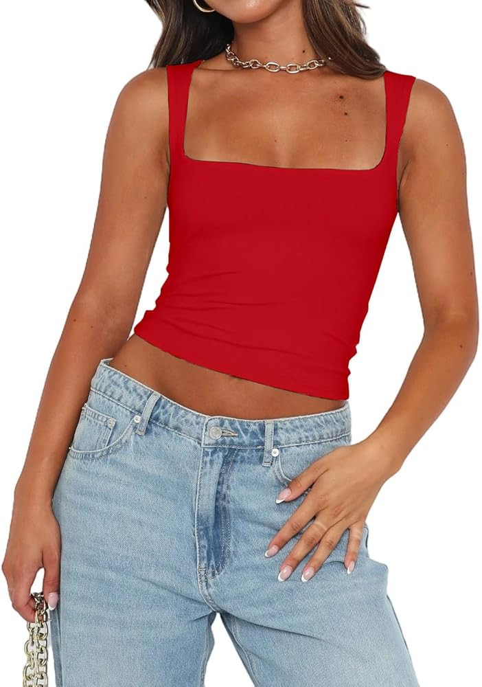Abardsion Womens Sexy Crop Top Summer 2024 Square Neck Sleeveless Double Layer Going Out Tank Top... | Amazon (US)