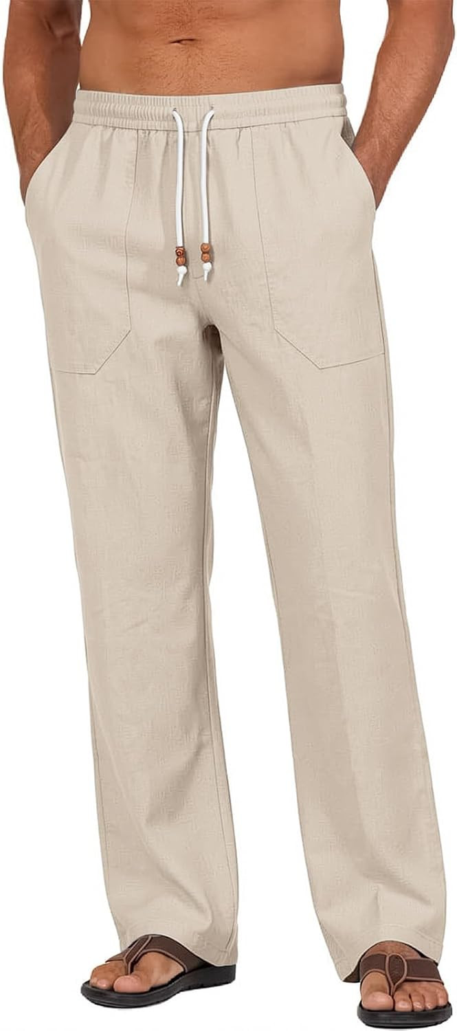 Riskrole Men's Cotton Linen Pants Elastic Waist Drawstring Summer Beach Casual Pants Loose Fit Yoga Trousers | Amazon (US)
