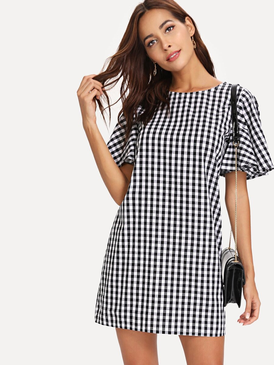 Flutter Sleeve Gingham Print Dress | SHEIN