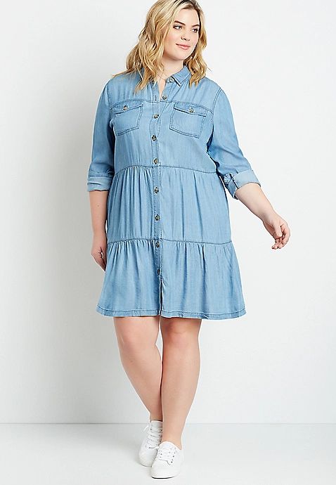 Plus Size Washed Chambray Button Front Babydoll Dress | Maurices