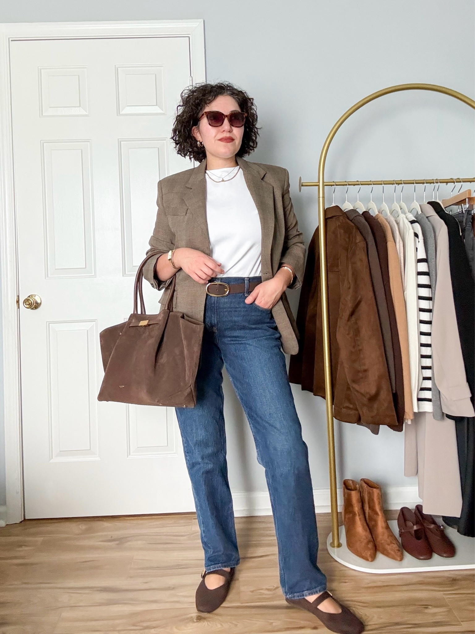 Fall outfit, check blazer, jeans, suede bag, brown flats

#LTKOver40 #LTKootd #LTKgrwm