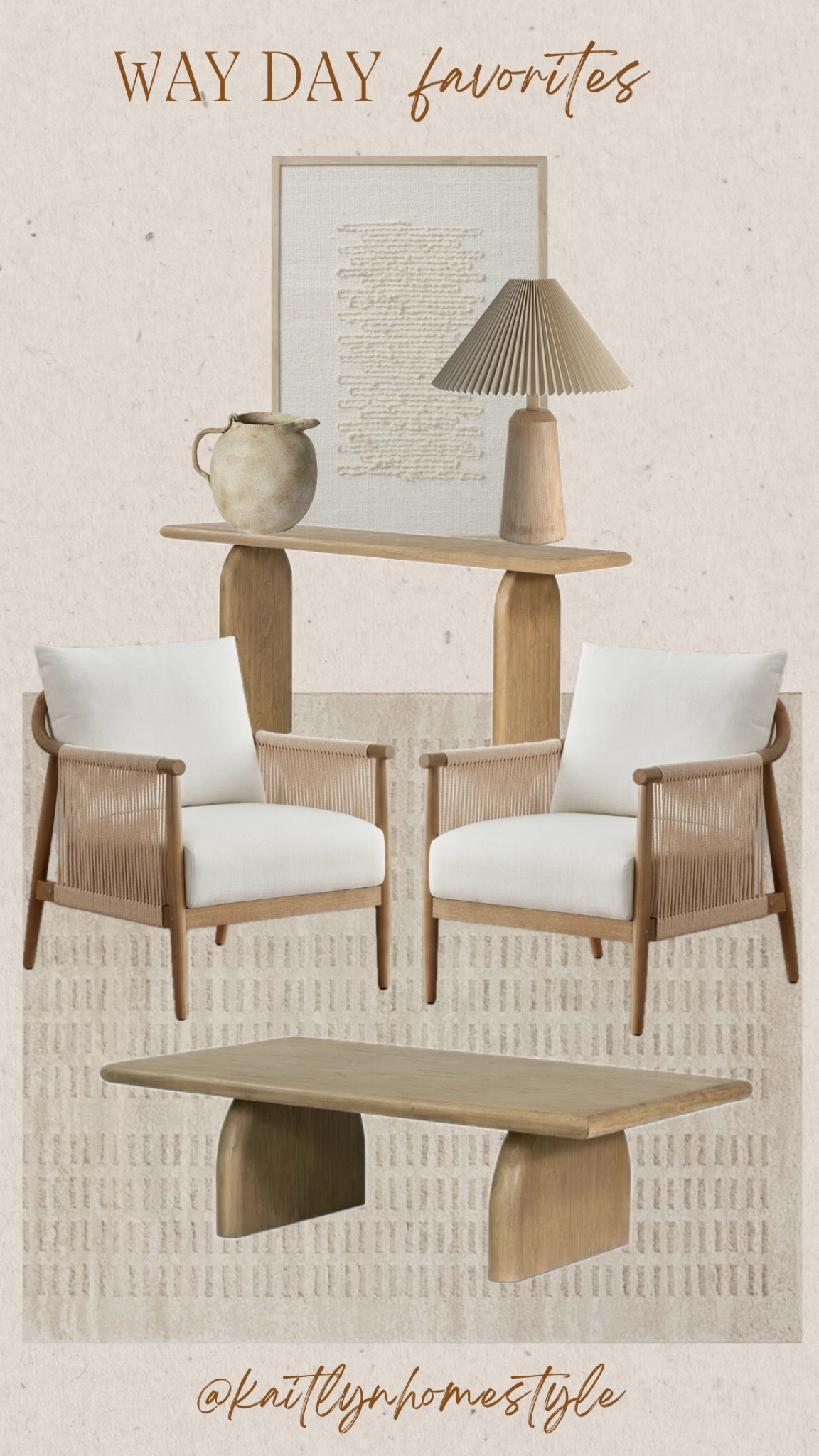 Way Day with some of my favorite neutral home furniture and decor. Area rug, accent chairs, wall art, textured vase and lamp, coffee table and matching console table. I have this coffee table and the vase and love them both. The coffee table looks darker in person and the color is gorgeous. Living room inspiration, entryway  

#LTKHome #LTKSaleAlert #LTKU