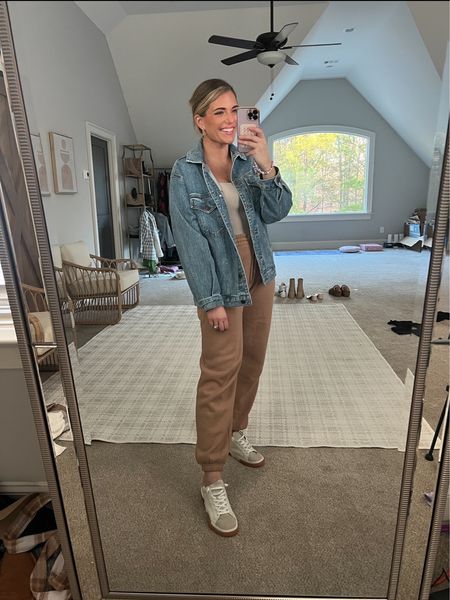 Denim jacket tts - M (very oversized and comfy fit) 
Brown sweatpants tts - M. So soft and comfy with very stretchy waist! 
Ribbed stretchy tank tts - M 
Sneakers tts 

15% off + extra 15% off with code DENIMAF - sale ends tonight! 🌟 

#LTKsalealert #LTKunder50 #LTKFind