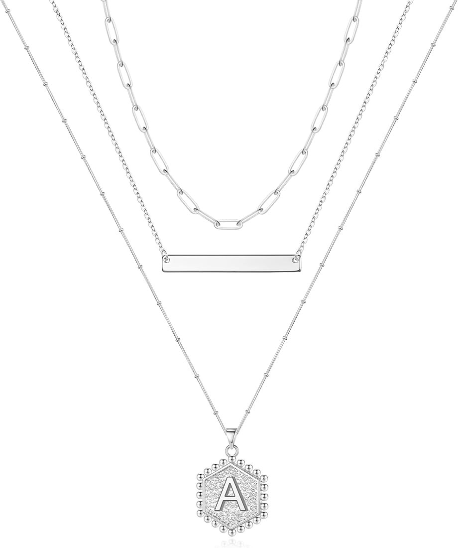 Silver Layered Initial Necklaces for Women, 14K White Gold Plated Paperclip Chain Necklace Hexagon L | Amazon (US)