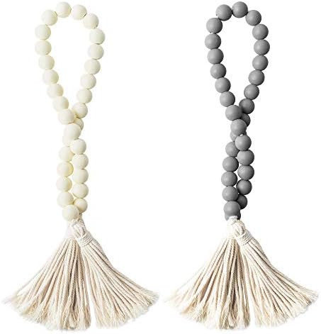 R HORSE 2Pcs Classic Wood Beads Tassel, 27 Inch White & Gray Wood Bead Garland Farmhouse Rustic Bead | Amazon (US)