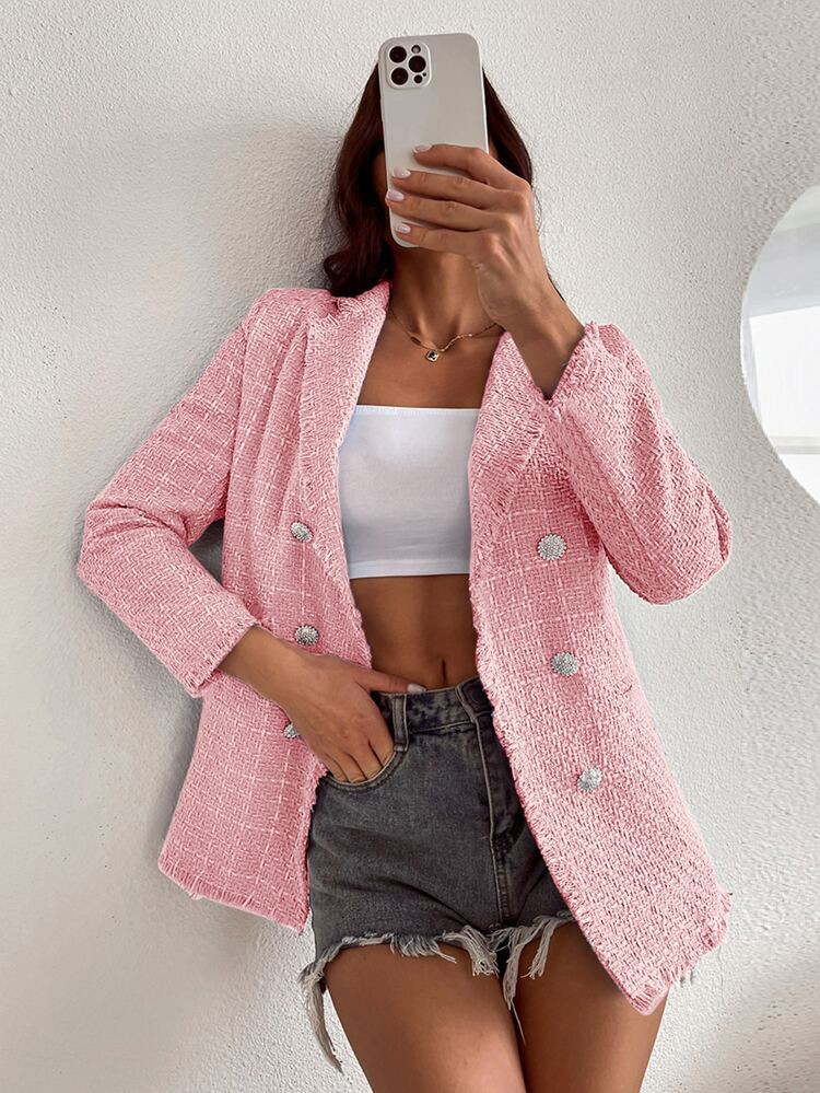 Tweed Raw Trimmed Double Breasted Blazer | SHEIN