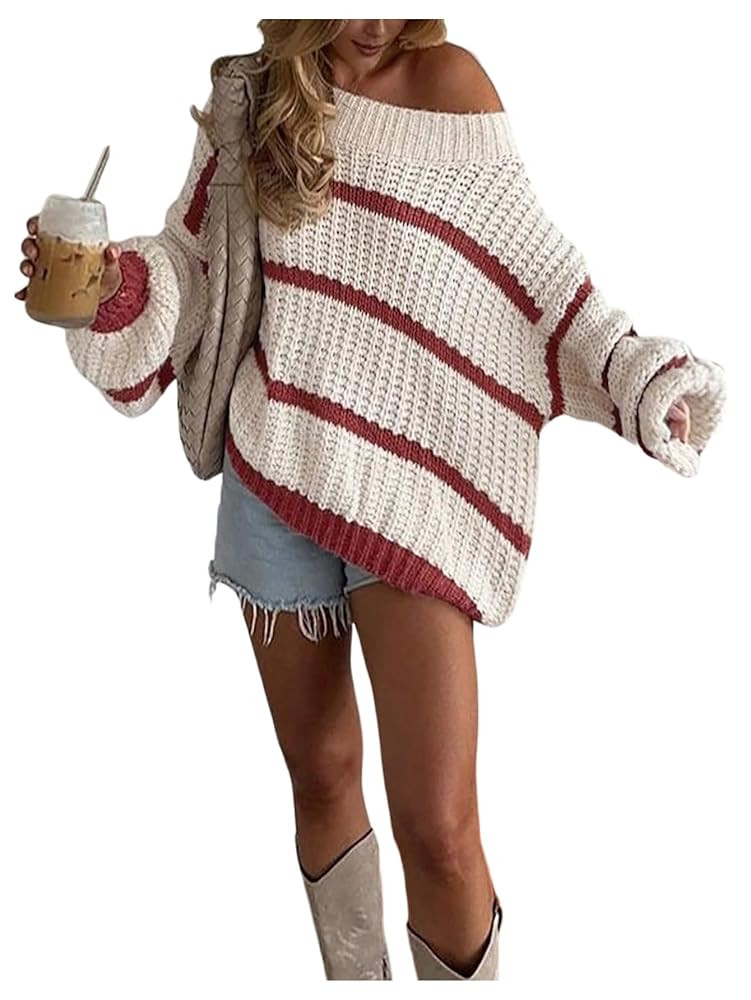 Verdusa Women‘s Fall Sweaters Off The Shoulder Sweater Striped Old Money Streetwear Fall Fashio... | Amazon (US)