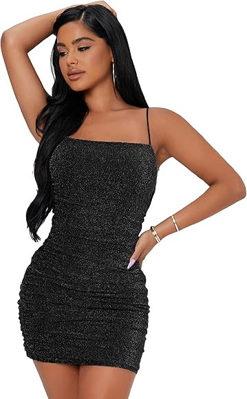 Floerns Women's Glitter Sleeveless Ruched Party Clubwear Bodycon Mini Dress | Amazon (US)