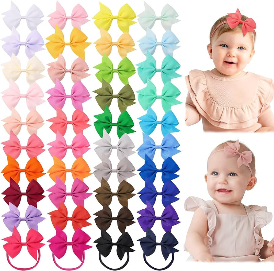 jollybows 40pcs Baby Girls Grosgrain Ribbon Hair Bows Headbands 4" Hair Band Hair Accessories for... | Amazon (US)