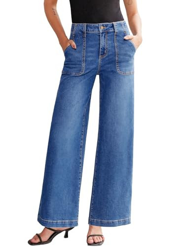 Sidefeel Womens Wide Leg Jeans High Waisted Stretchy Straight Leg Baggy Denim Pants with Pockets Light Blue Size 14 | Amazon (US)