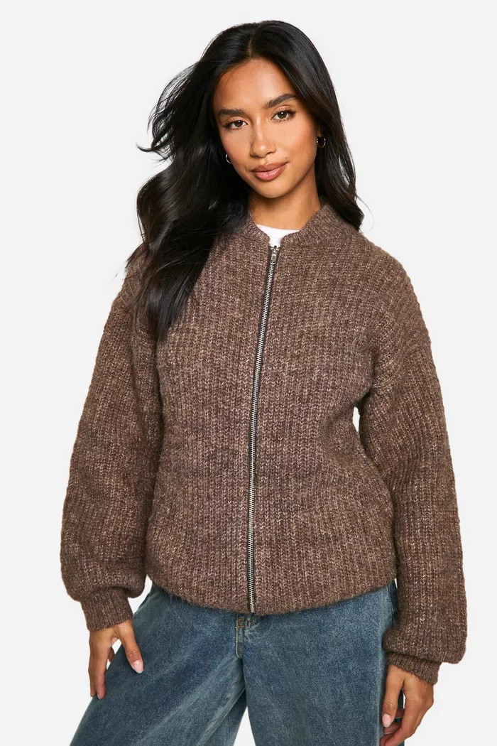 Petite Oversized Zip Through Knitted Bomber Jacket | Boohoo.com (UK & IE)