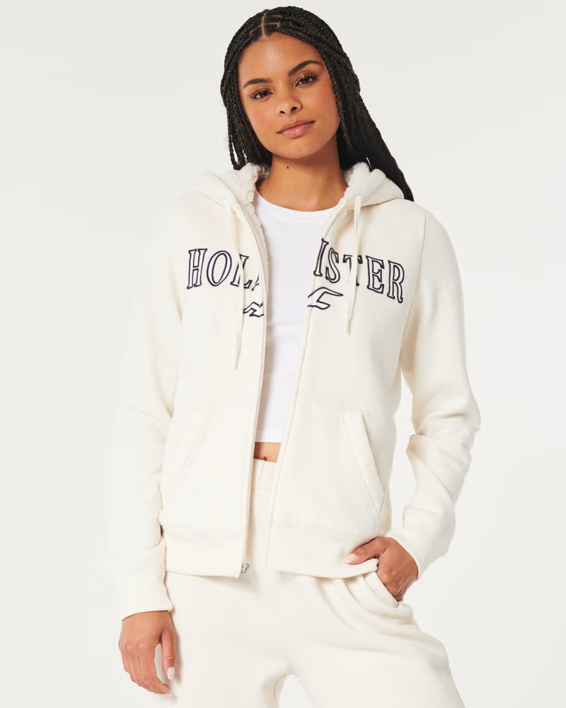 Faux Shearling-Lined Zip-Up Logo Graphic Hoodie | Hollister (UK)