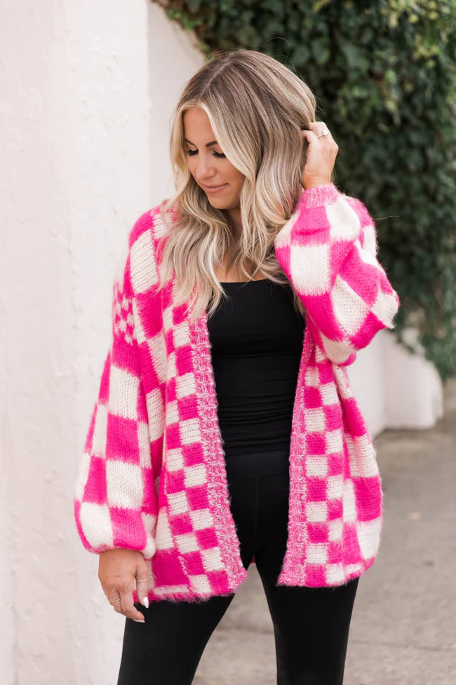 Pink Checkered Kozy Kardi - Krista X Pink Lily FINAL SALE | Pink Lily