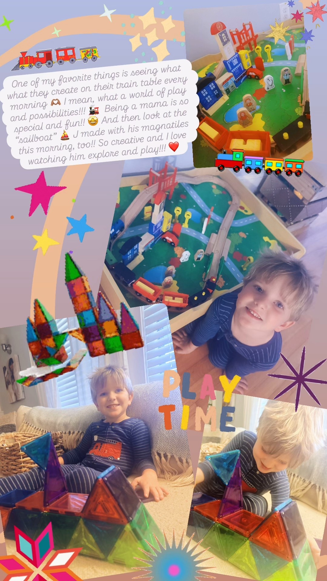 One of my favorite things is seeing what what they create on their train table every morning 🫶🏽 I mean, what a world of play and possibilities!!! 🚂  Being a mama is so special and fun!! 🤩 And then look at the “sailboat” ⛵️ J made with his magnatiles this morning, too!! So creative and I love watching him explore and play!!! ❤️