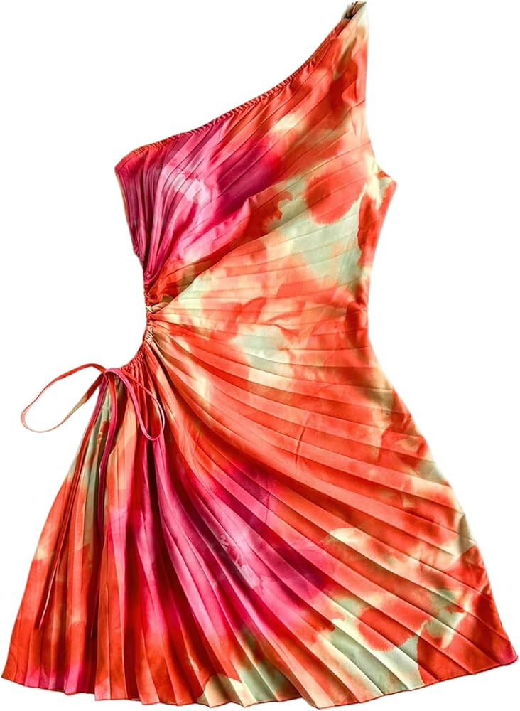 Floerns Women's Floral Sleeveless One Shoulder Drawstring Ruched Vacation A Line Dresses | Amazon (US)