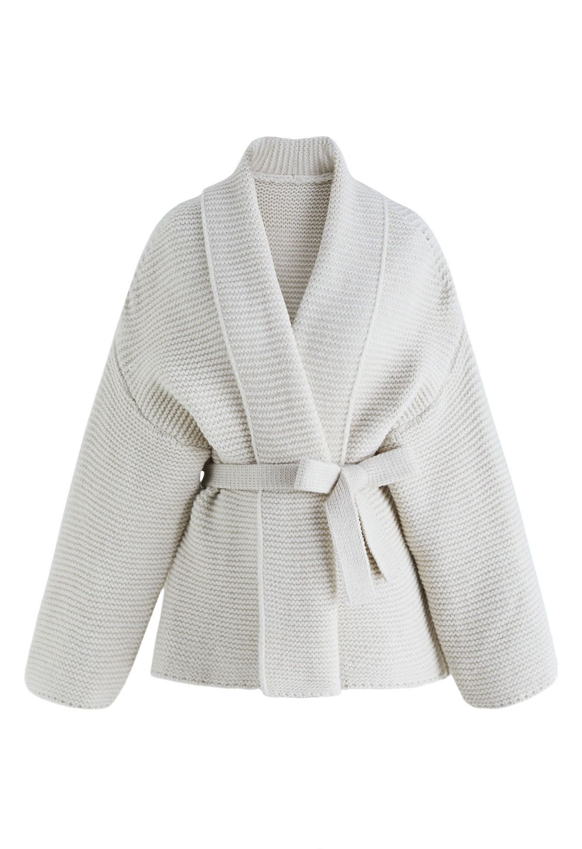 Collared Self-Tie Wrap Waffle Knit Cardigan in Ivory | Chicwish