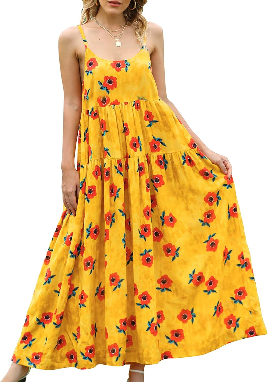 YESNO Women Casual Loose Bohemian Floral Print Dresses Spaghetti Strap Long Summer Beach Swing Dr... | Amazon (US)