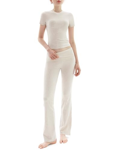 PUMIEY Women's 2 Piece Lounge Sets Short Sleeve Tops Fold-Over Flare Pants Casual Outfits Matchin... | Amazon (US)