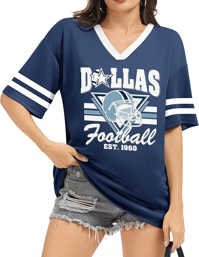 Football Shirt for Women Game Day Shirt Football Fans Mesh Tshirt Jersey V Neck Casual Short Slee... | Amazon (US)