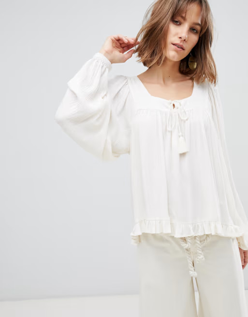 ASOS DESIGN smock long sleeve top with tassel ties in textured fabric | ASOS US