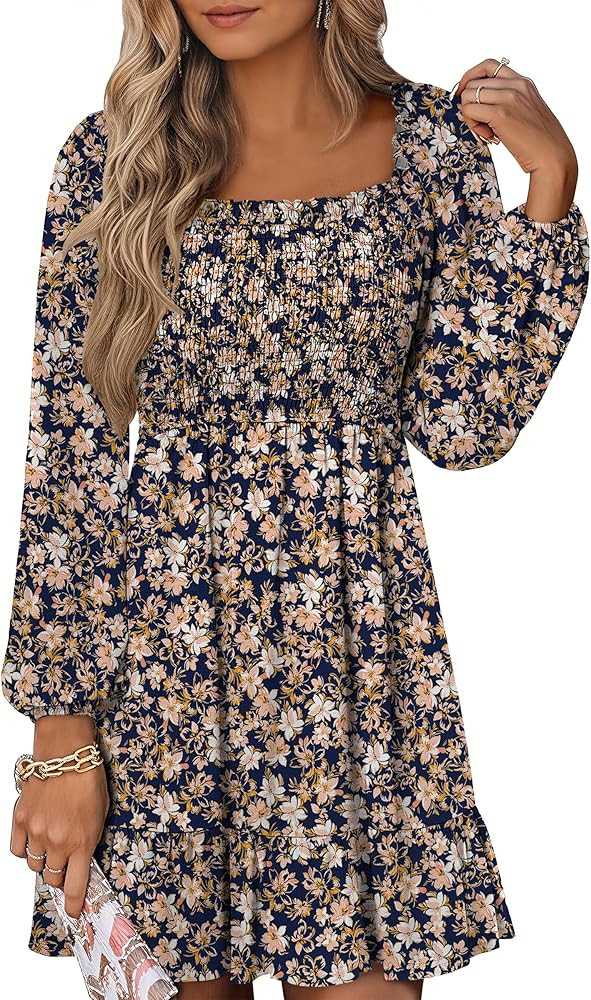 ANRABESS Womens Long Lantern Sleeve Square Neck Dress Smocked Tiered High Waist Ruffle Flowy Swin... | Amazon (US)