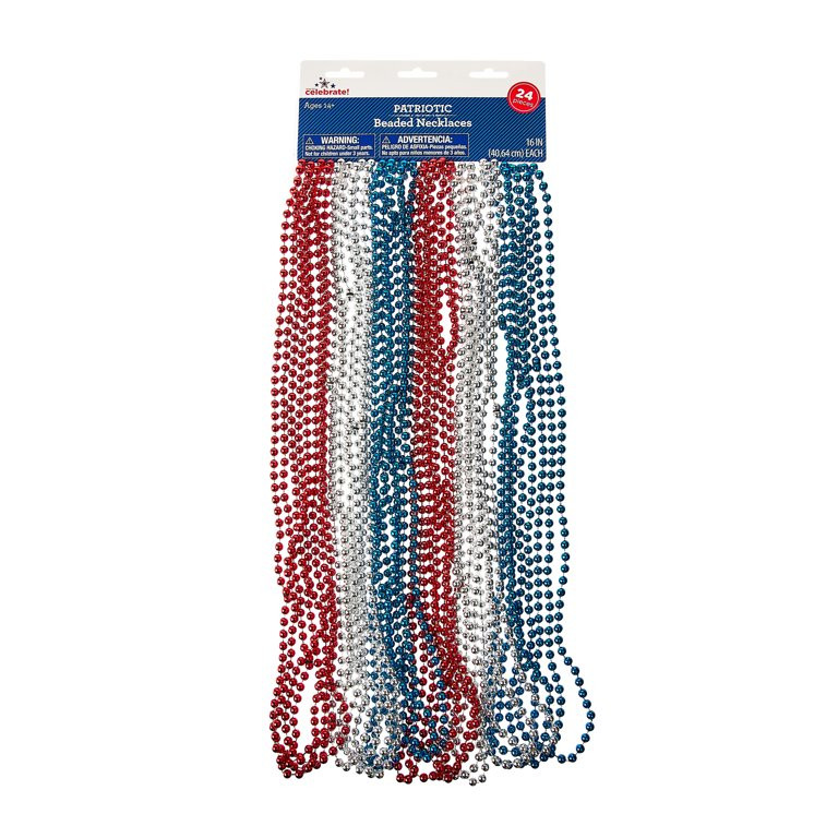 Way to Celebrate Patriotic Red, Silver & Blue Plastic Beaded Necklaces, 24 Count | Walmart (US)