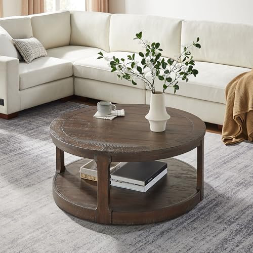 kevinplus 40'' Round Wood Coffee Table Circle Coffee Table with 4 Wheel for Living Room, Modern Retro Farmhouse Style, Easy Assembly, Dark Brown(ø40'' x 17.52'') | Amazon (US)