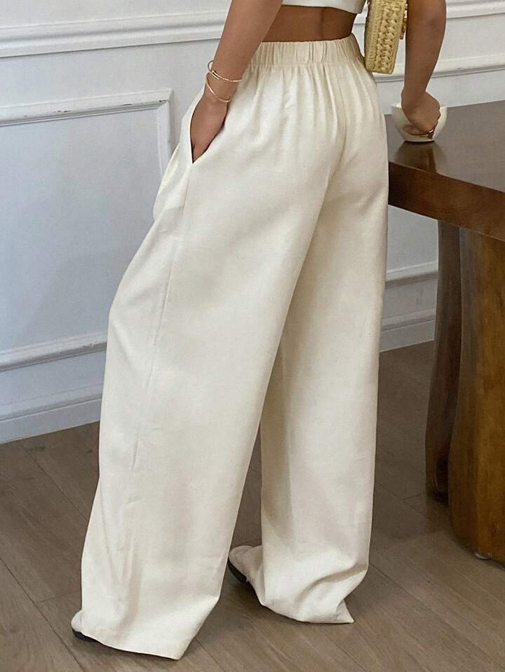 Livesso Women's Solid Color Loose Straight-Leg Pants With Elastic Waist Drawstring, Casual For Su... | SHEIN