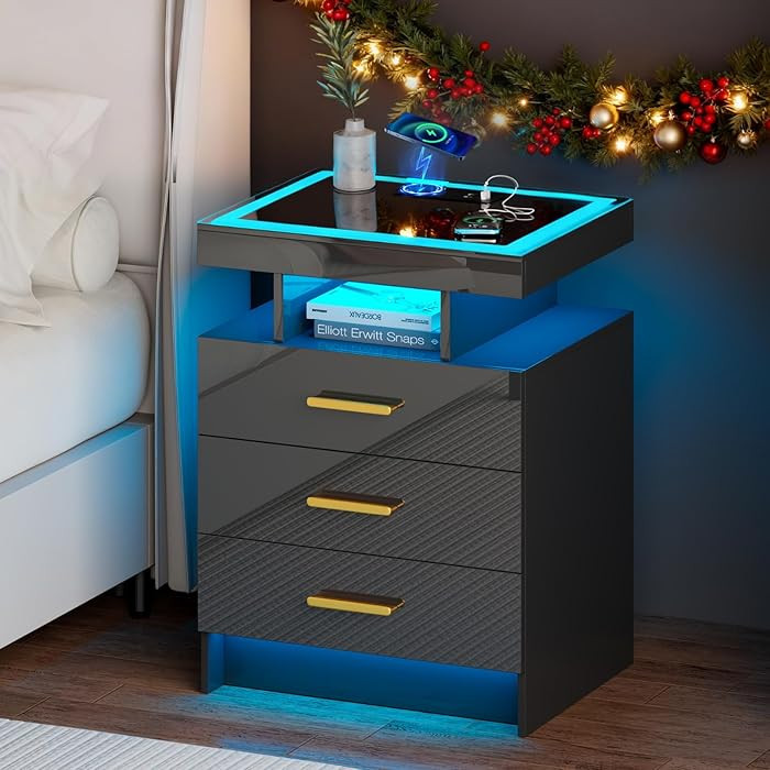 LED Night Stand with Wireless Charging Station, Smart Nightstand with Glass Top 3 Drawers, 3 Colo... | Amazon (US)