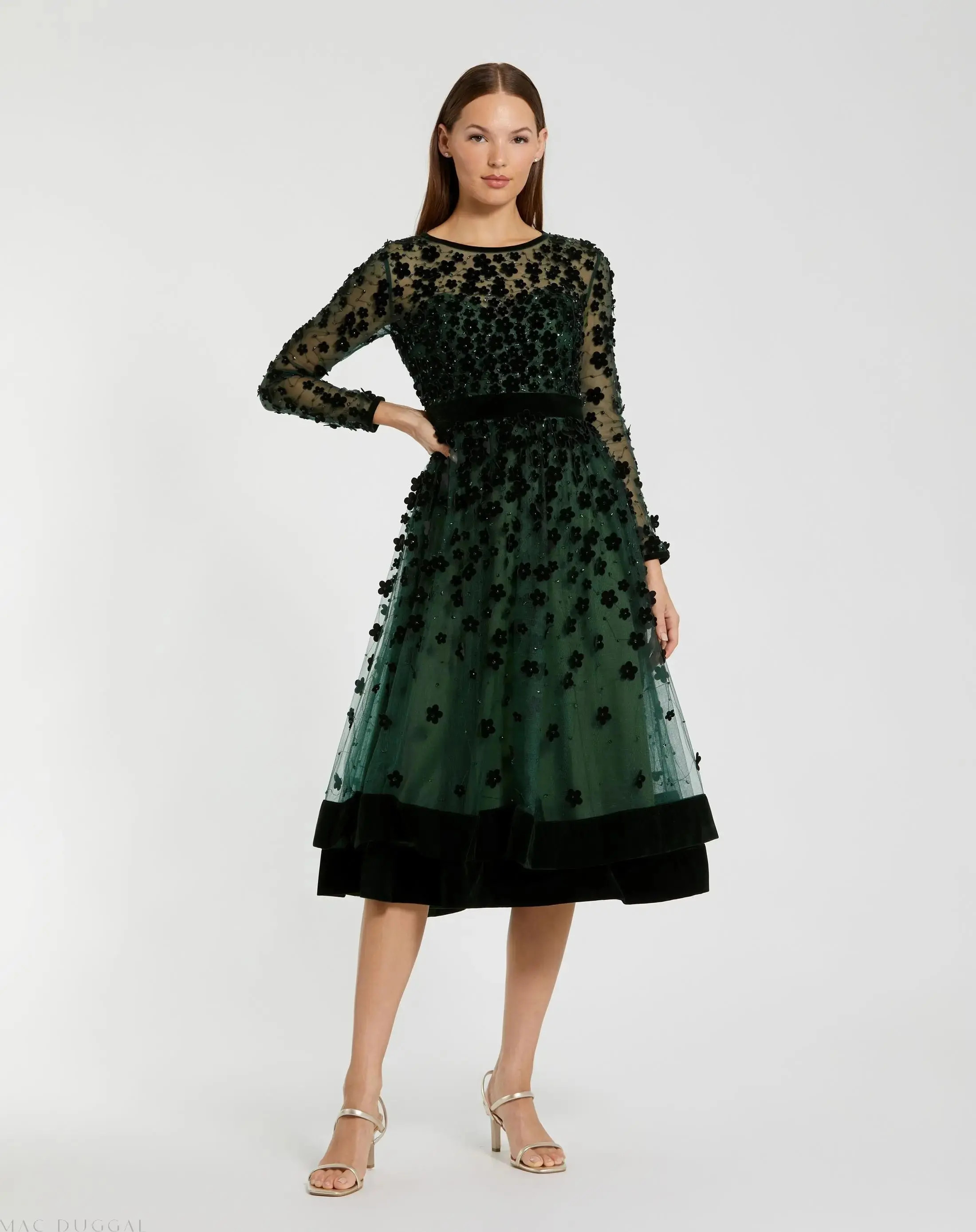 Green Velvet Embellished Illusion Long Sleeve A-Line Midi Dress | Mac Duggal | Mac Duggal