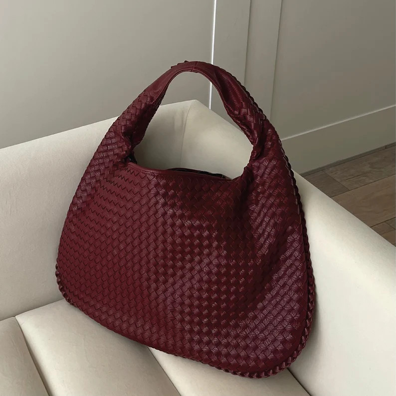 Large Burgundy Shoulder Bag for Women Cherry Red Vegan Leather Woven Burgundy Purse Hobo Dumpling... | Etsy (US)
