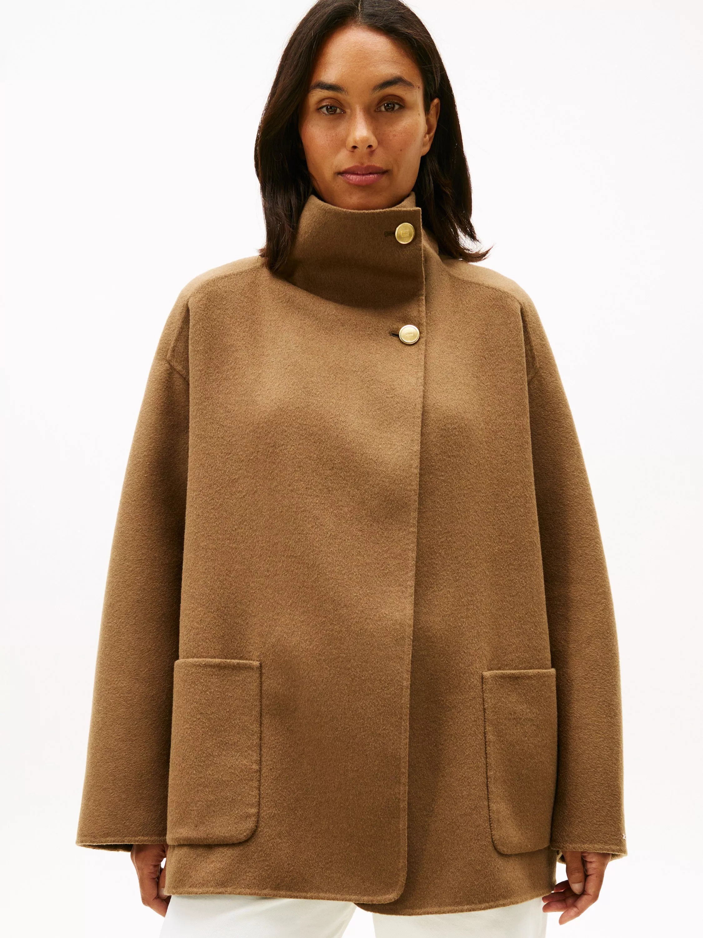 Tommy Hilfiger Wool Blend Funnel Neck Coat, Nordic Taupe | John Lewis (UK)