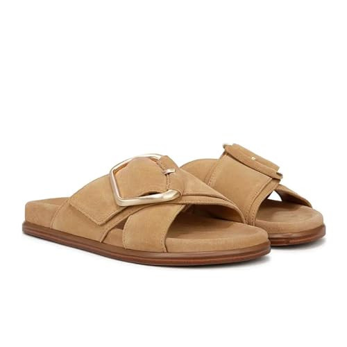 XBKXMK Flat Sandals for Women Comfortable Slide Sandals Summer Suede Leather Slides Vacation Beach Shoes Tan US8.5 | Amazon (US)