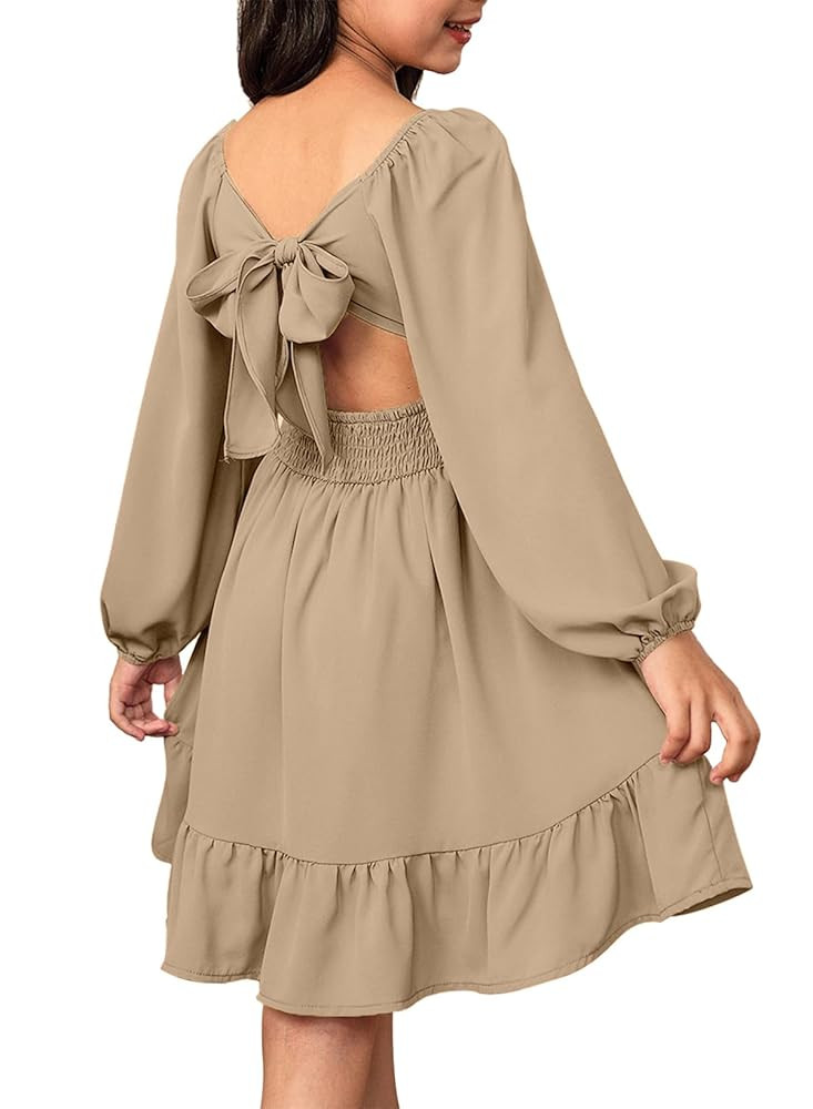 blibean Girls Long Sleeve Tie Back Dress Tween Fall Off Shoulder Dress Size 6-15 Years | Amazon (US)