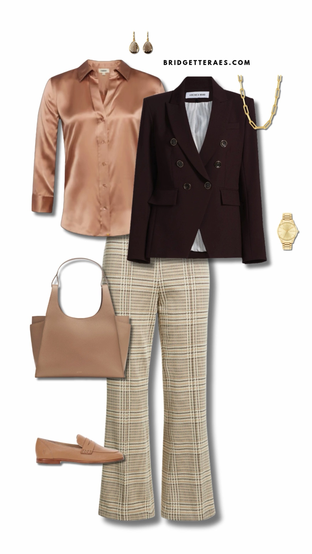 Elevated and elegant yet approachable, this look effortlessly blends professional structure with soft, feminine polish. A satin blush blouse brings luxurious sheen and contrast to the deep plum double-breasted blazer, adding warmth and dimension. The refined plaid trousers keep the look grounded in timeless tailoring, while neutral loafers and a structured nude tote echo the soft tones of the blouse for a harmonious finish. Gold jewelry and a clean-lined watch add a layer of classic sophistication, making this outfit ideal for days that start with meetings and end with networking cocktails.

#LTKItBag #LTKStyleTip #LTKWorkwear
