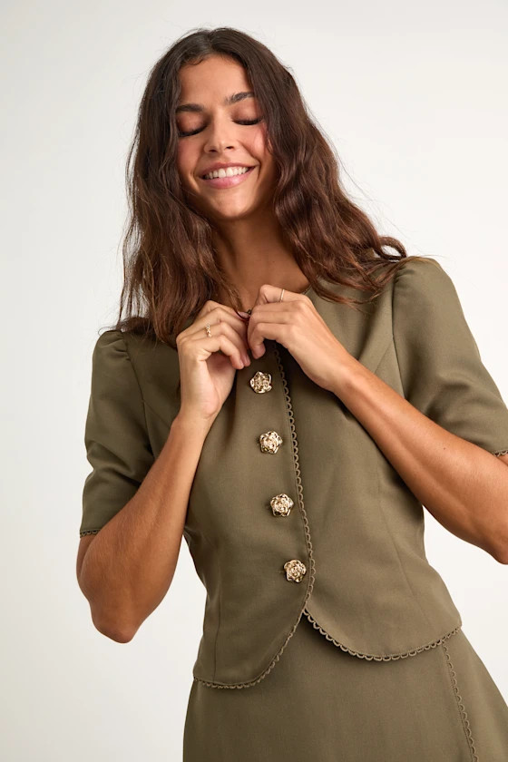 Harla Olive Short Sleeve Button-Front Blazer | Lulus