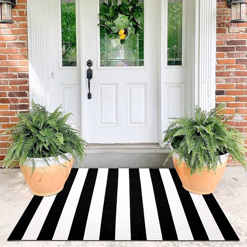 KOZYFLY Black and White Striped Rug 3'x5' Indoor Outdoor Rugs Hand Woven Cotton Washable Striped ... | Amazon (US)