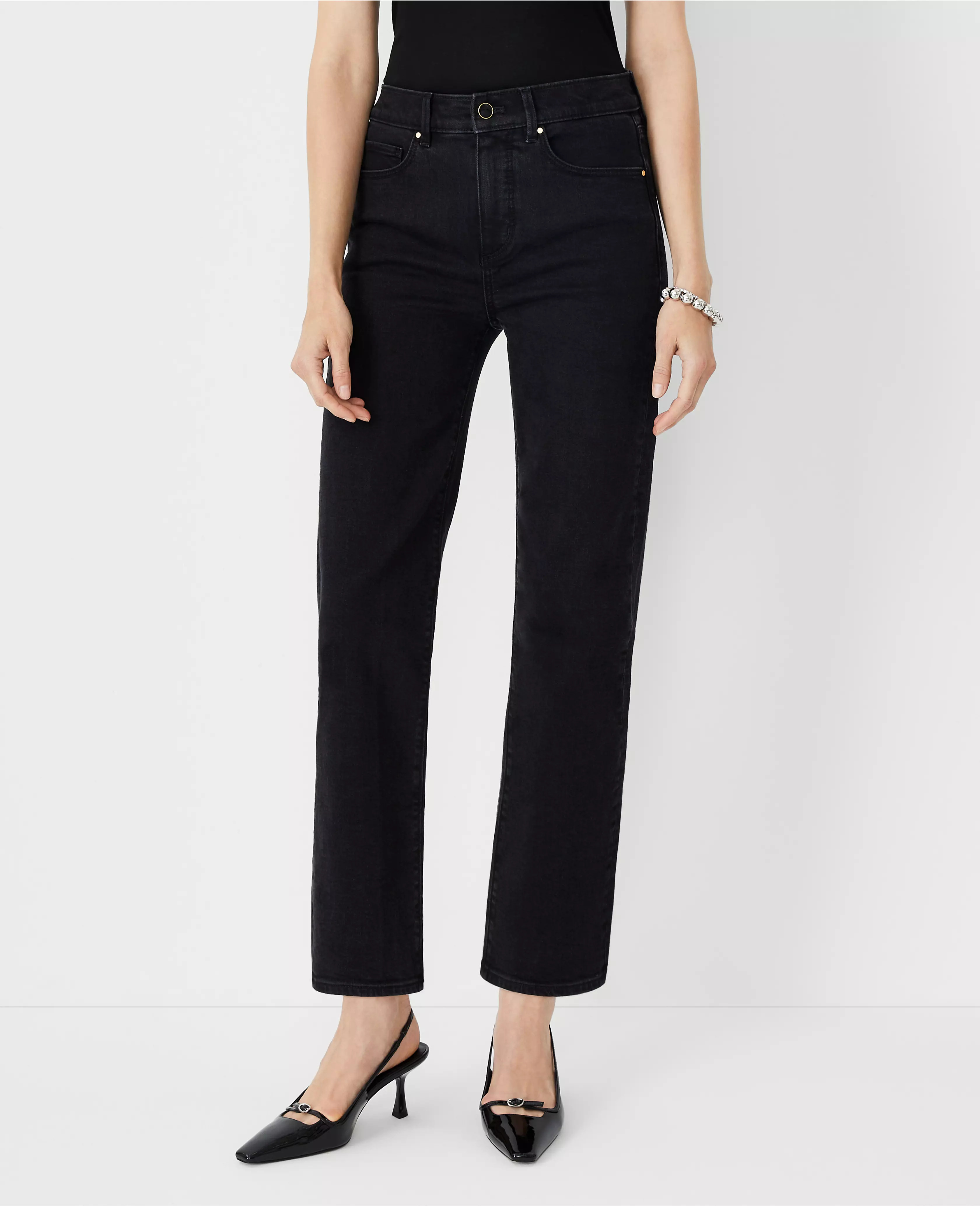 Sculpting Pocket High Rise Straight Jeans in Washed Black Wash | Ann Taylor (US)