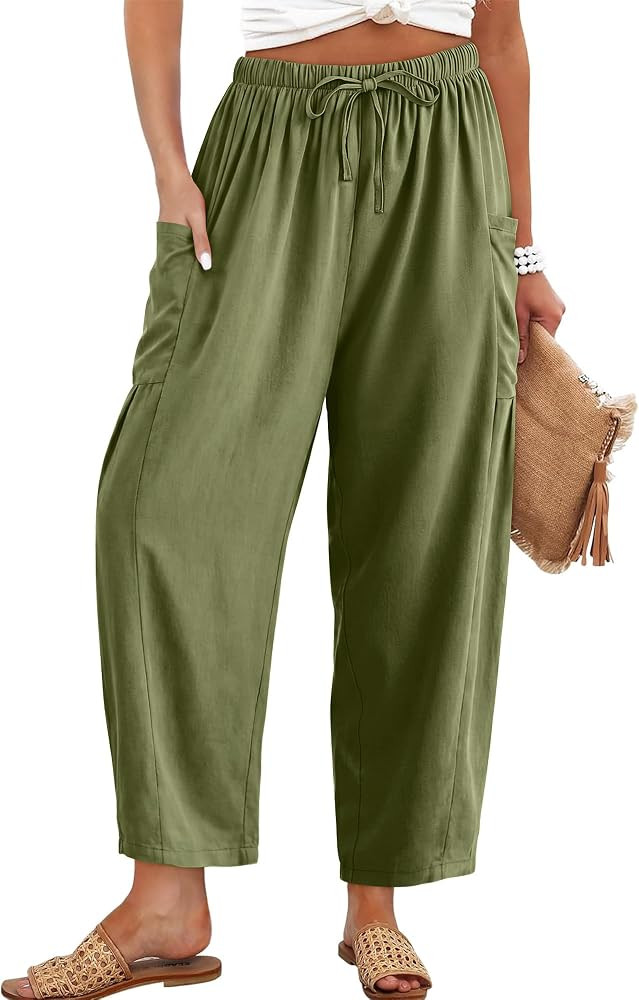 Angerella Womens Cotton Linen Pants Casual Loose Flowy Wide Leg Palazzo Harem Pants Drawstring El... | Amazon (US)