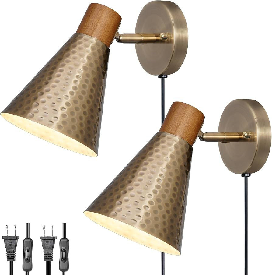 DSMJFU Gold Plug in Wall Sconces Set of 2, Modern Wall Lamp with Plug in Cord, Wooden Plug in Wall Light with Hammered Metal Shade，Wall Mounted Lamp for Bedroom, Living Room, Hallway, Bathroom | Amazon (US)