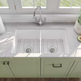 DEERVALLEY 32 in. L x 19 in. W White Fireclay Rectangular Double Bowl Undermount Kitchen Sink wit... | The Home Depot