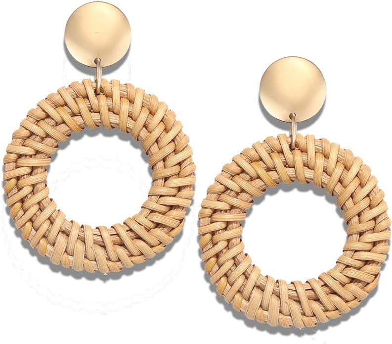 HSWE Statement Hoop Earrings for Women Rattan Earrings Straw Earrings Woven Dangle Drop Earrings | Amazon (US)