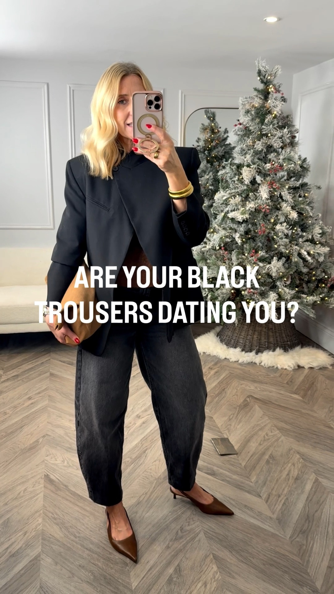 Are your black trousers secretly ageing you?  
In this reel I’m showing the difference between an outfit that looks modern and one that instantly dates you.  It’s not about dressing head to toe in trends, it’s about mixing just one or two updated pieces. 
Balloon jeans, a small kitten heel and a simple blazer gives you an effortless, modern, pulled together look. And the best part? Even when the blazer comes off everything still works  When it doesn’t work it combining black trousers and black heels. So many of us over 40 reach for these items but it just drags the whole look backwards. 
Swap back to the updated outfit, add a cute heel, a coordinated bag, a touch of jeweller and suddenly you’ve gone from dated to modern chic without trying too hard.

Which look are you guilty of wearing more, the dated one or the modern one?

#LTKjeans #LTKfestive #LTKwinter