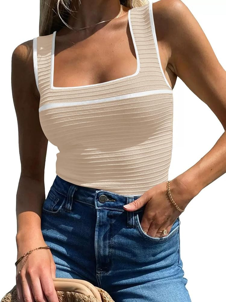 Women's Square Neck Tank Top Knit Ribbed Basic Tops Summer Casual Y2K Color Block Sleeveless Cami... | Amazon (US)