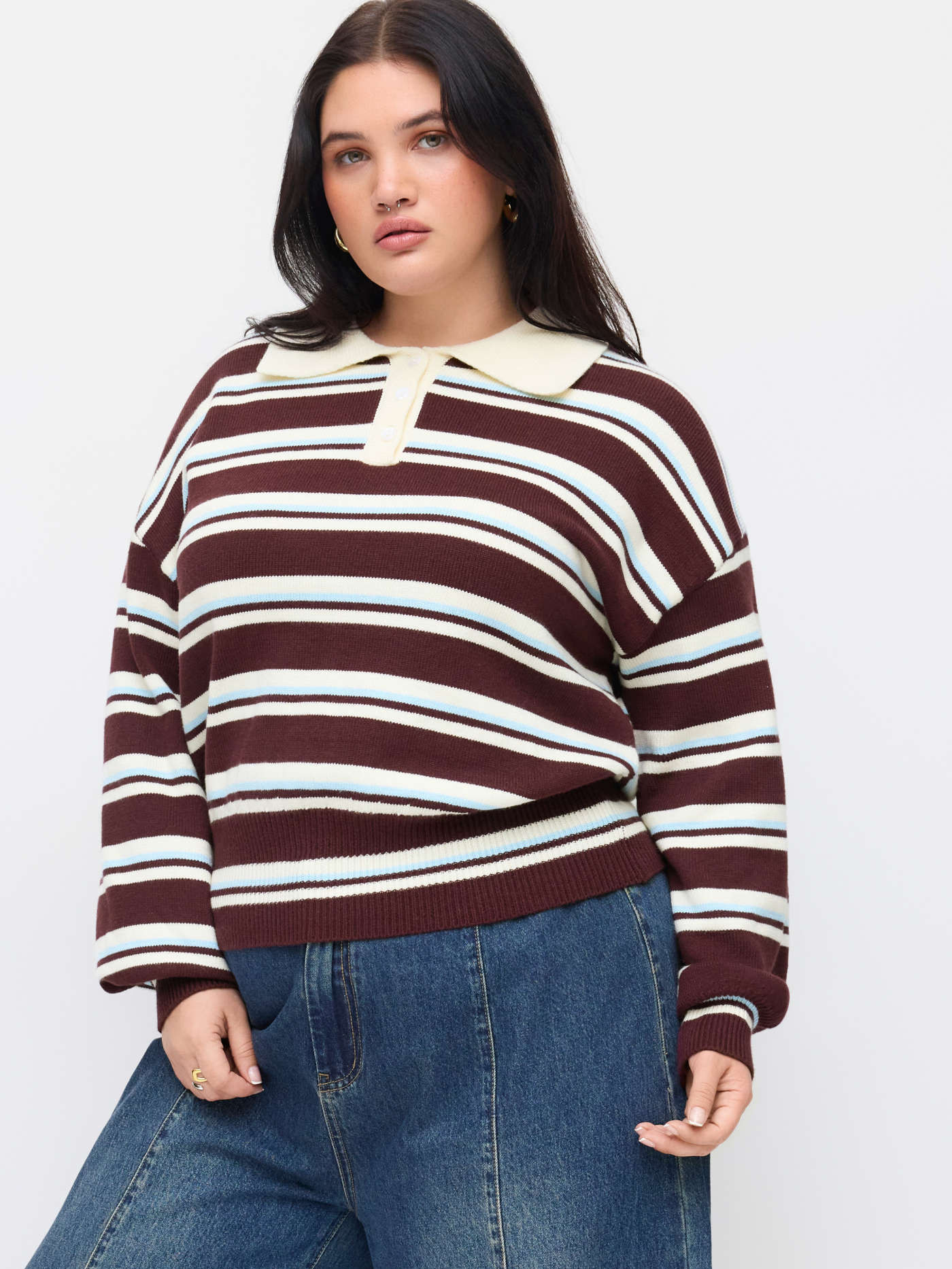 Knit Polo Stripd Lantern Sleeve Top Curve & Plus | Cider