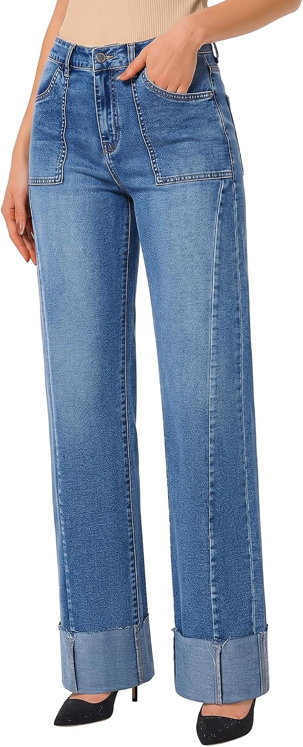 roswear Women's High Waisted Wide Leg Jeans Cuffed | Amazon (US)