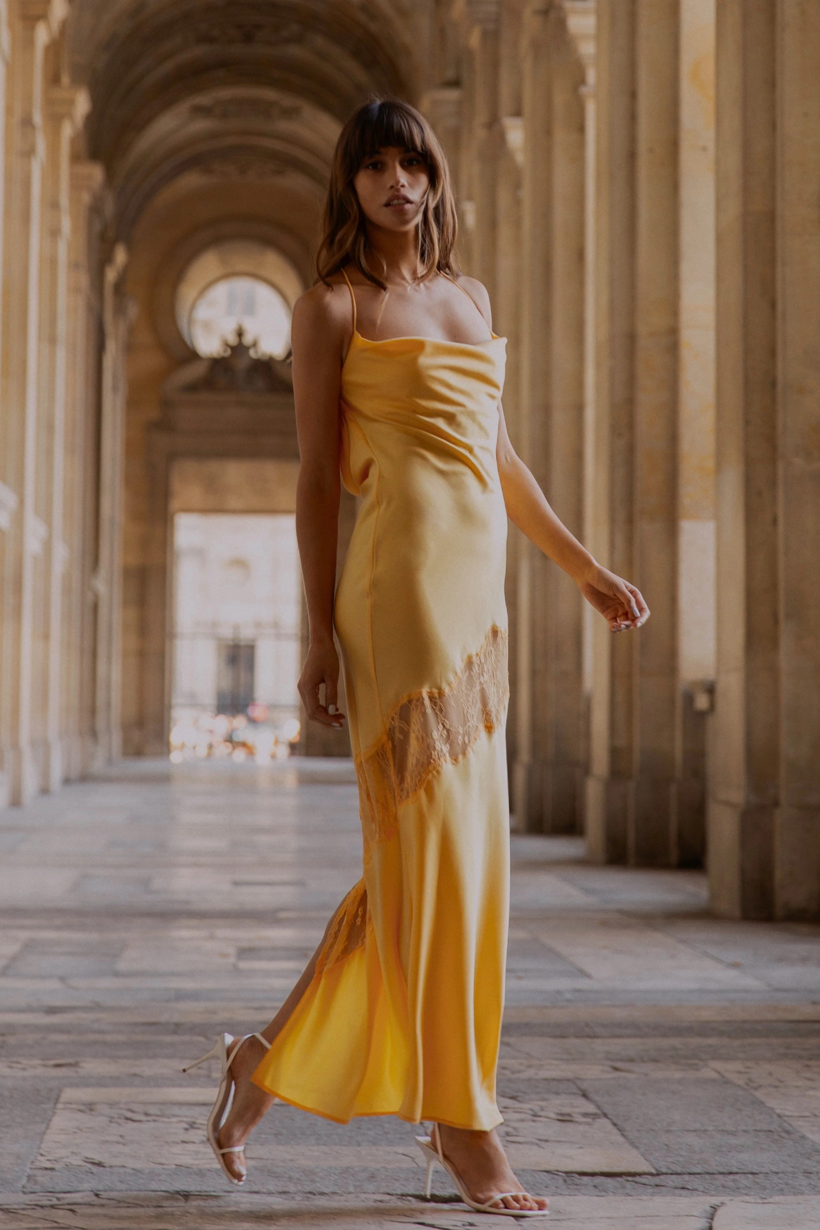 Chandra Lace Detail Satin Maxi Dress - Lemon | MESHKI US